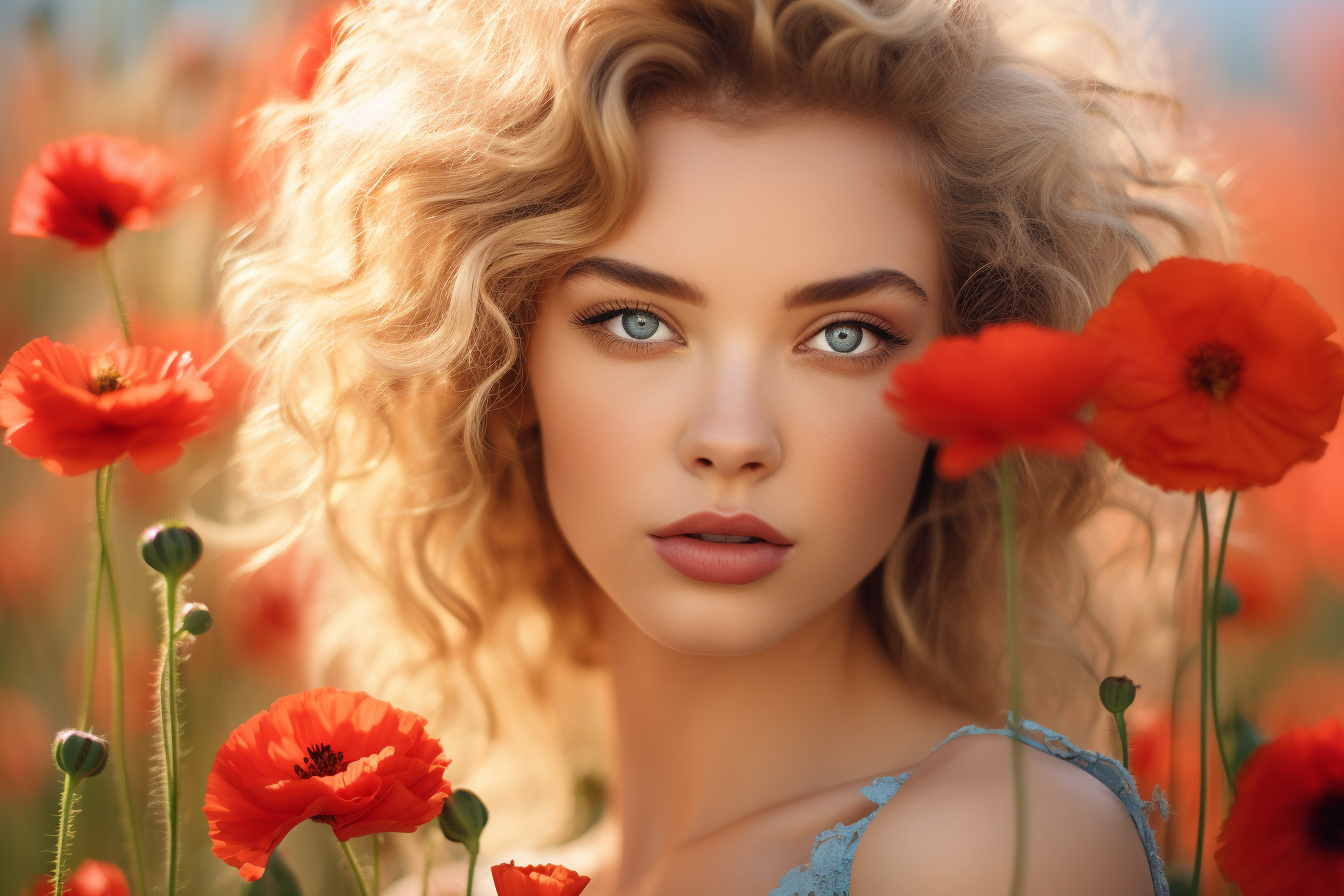 Russian model with blonde curly hair in a poppy field