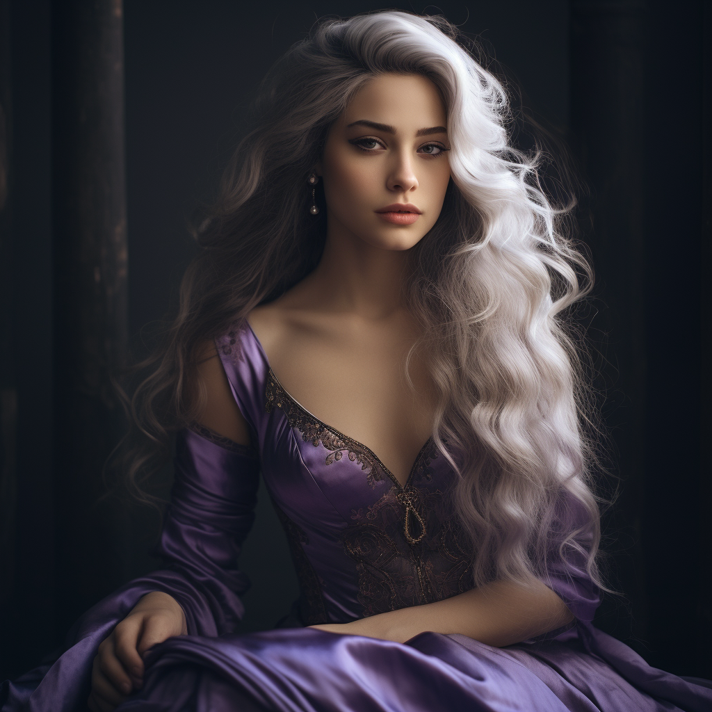 Sad woman with white wavy hair in purple gown