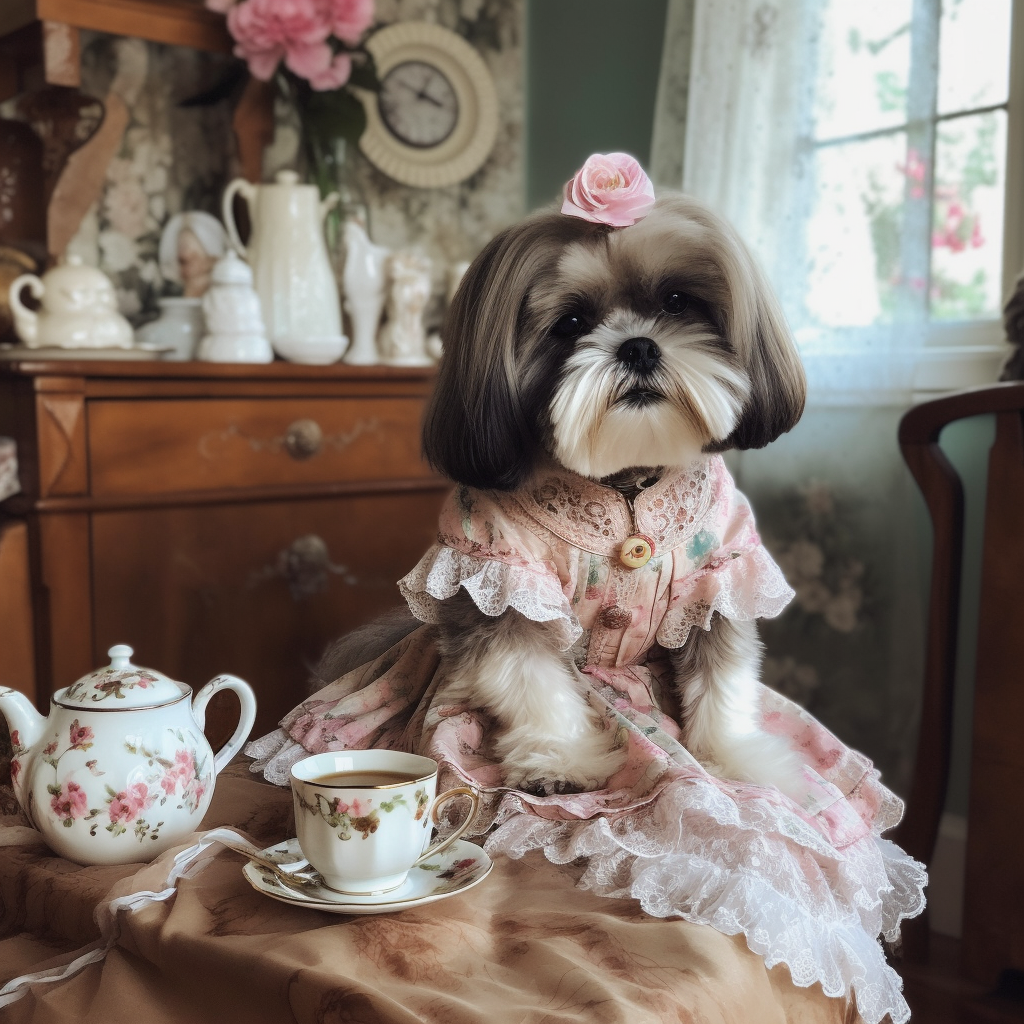 Adorable shihtzu dog in a pink dress having a tea party