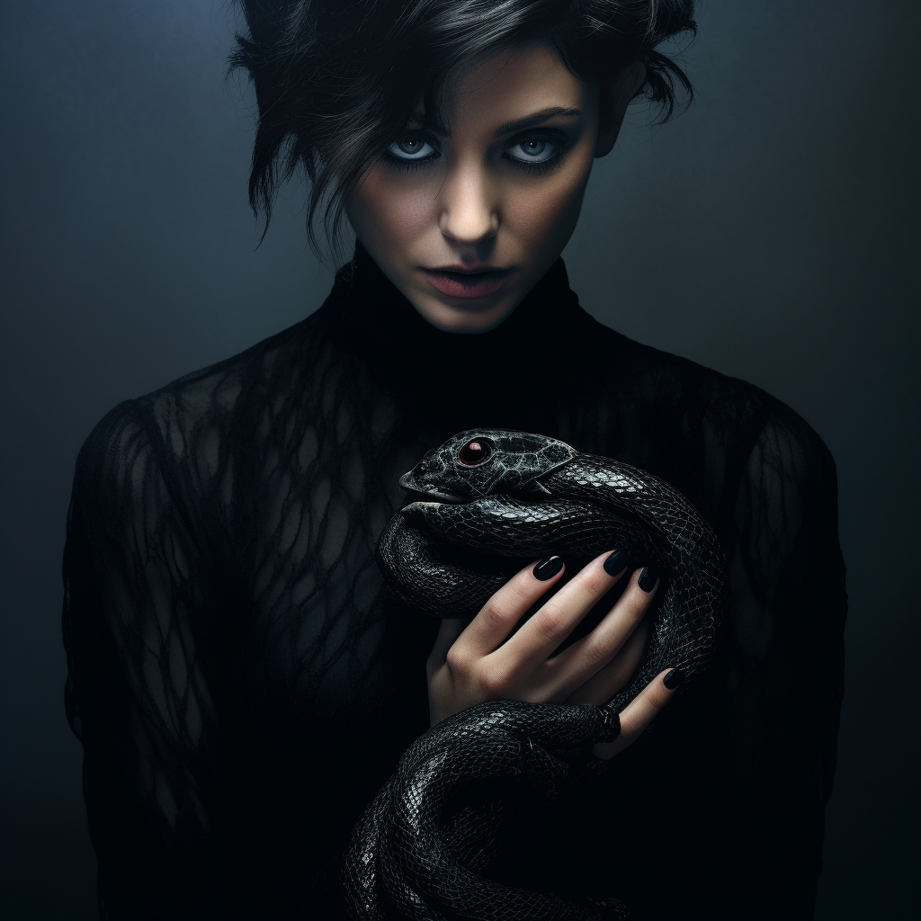 Gorgeous woman with snake and black dress