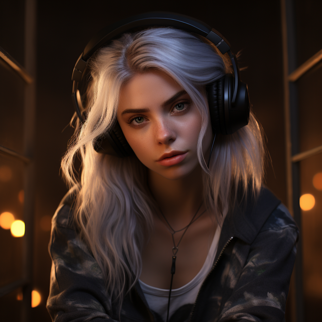 Stunning silver-haired supermodel with headphones