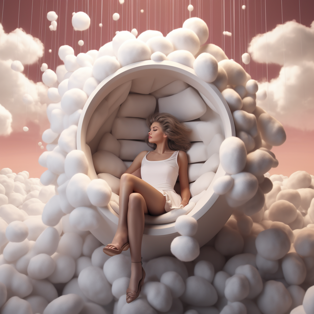 Beautiful girl sitting in egg chair with marshmellows and chocolate rain