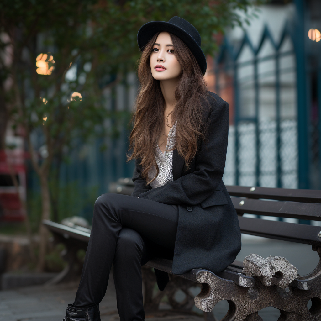 Japanese celebrity with long hair wearing gloves, blazer, and leggings