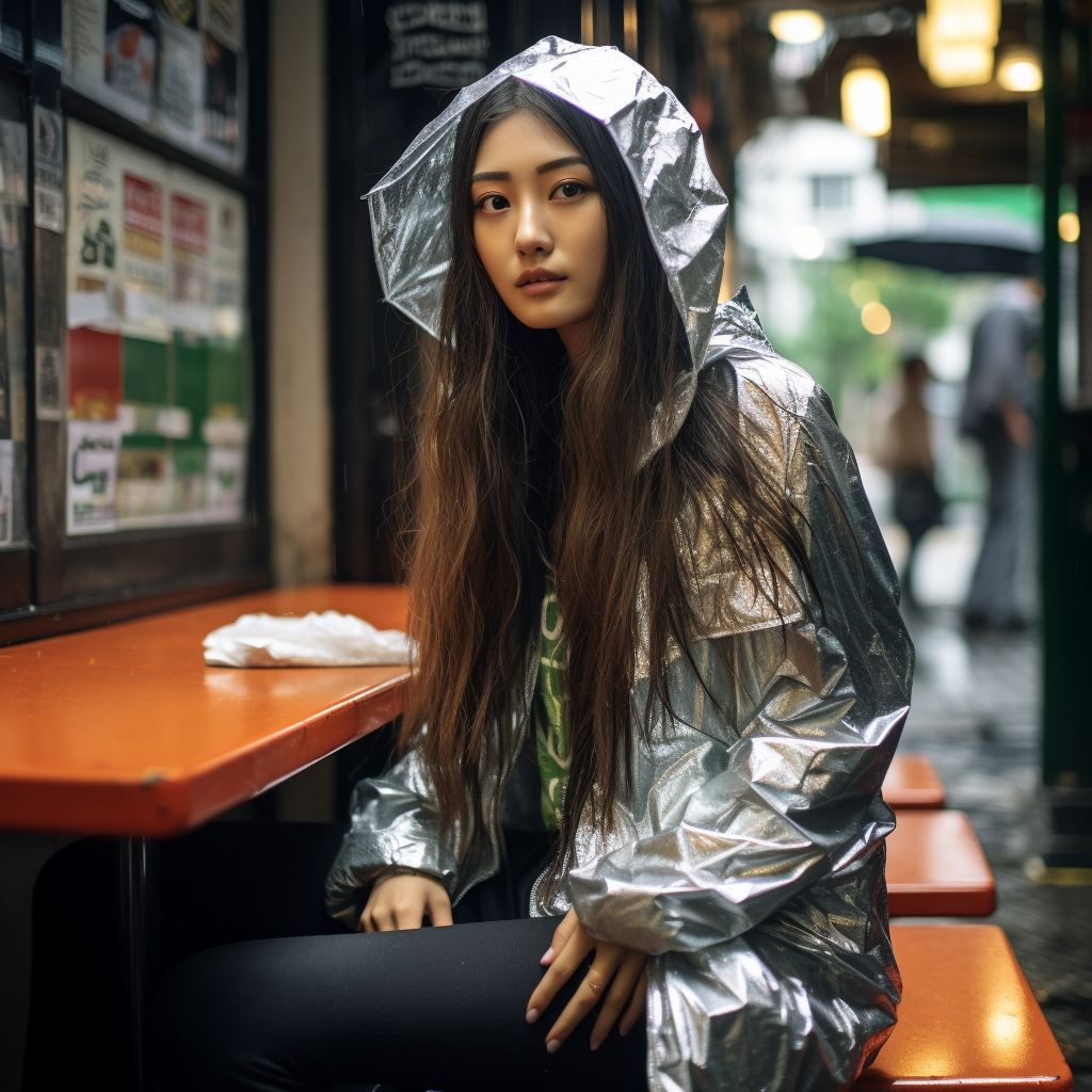 Stylish Japanese model in rain jacket