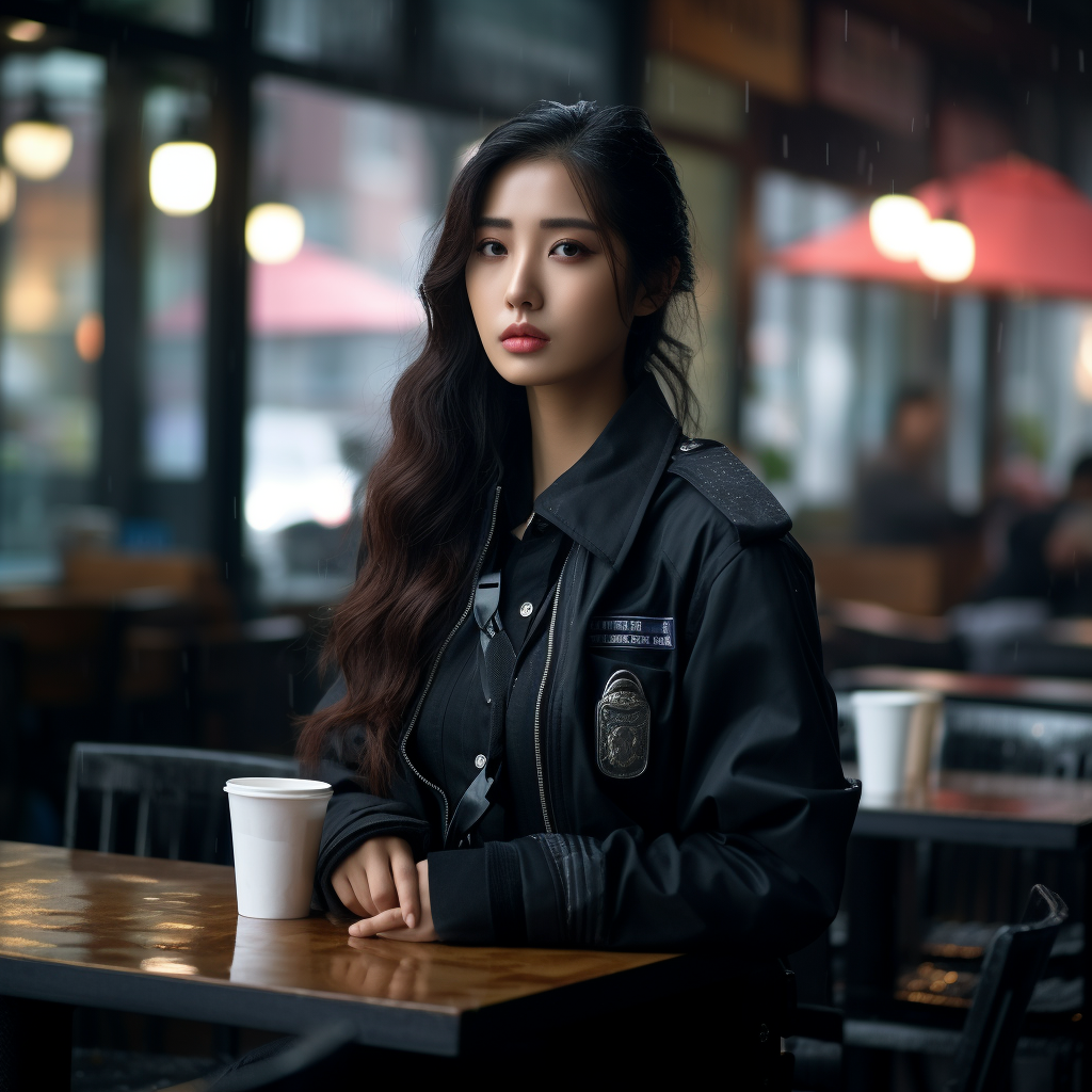 Young Korean policewoman wearing medical exam gloves