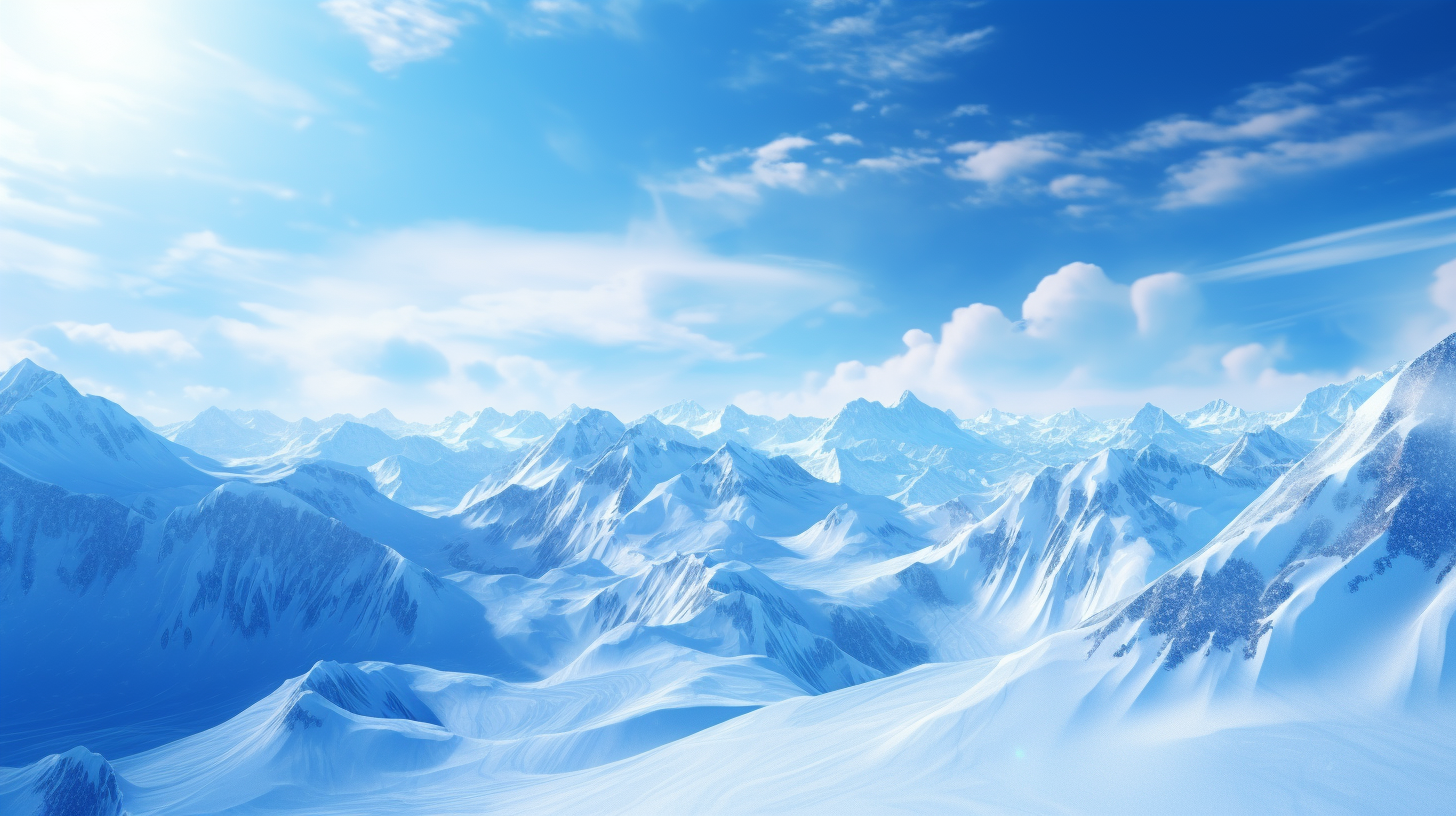 Snow-covered mountains under bright blue sky