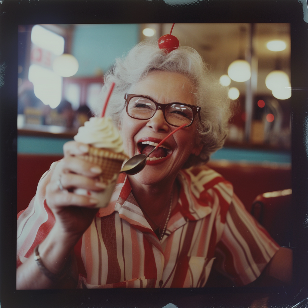 Beautiful socialite laughing with ice cream sundae