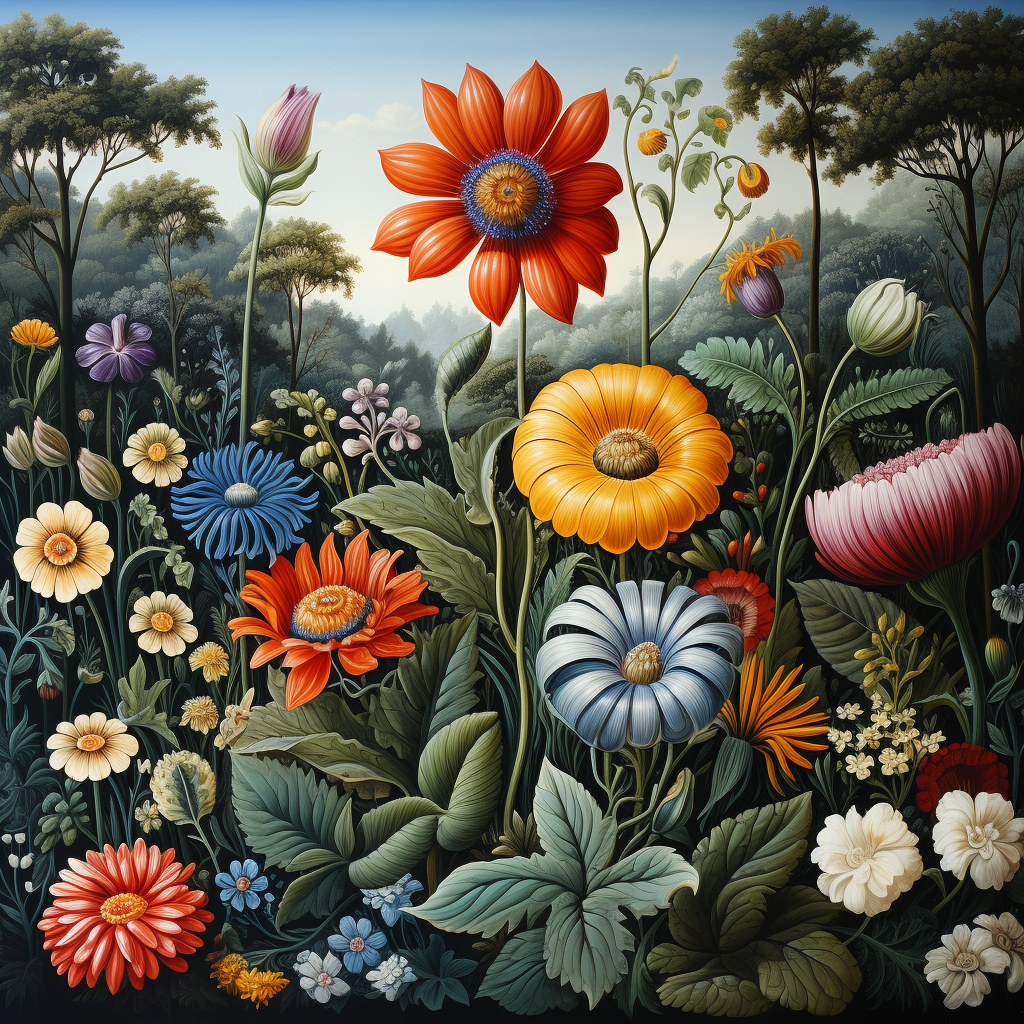 Detailed garden painting with beautiful spring flowers