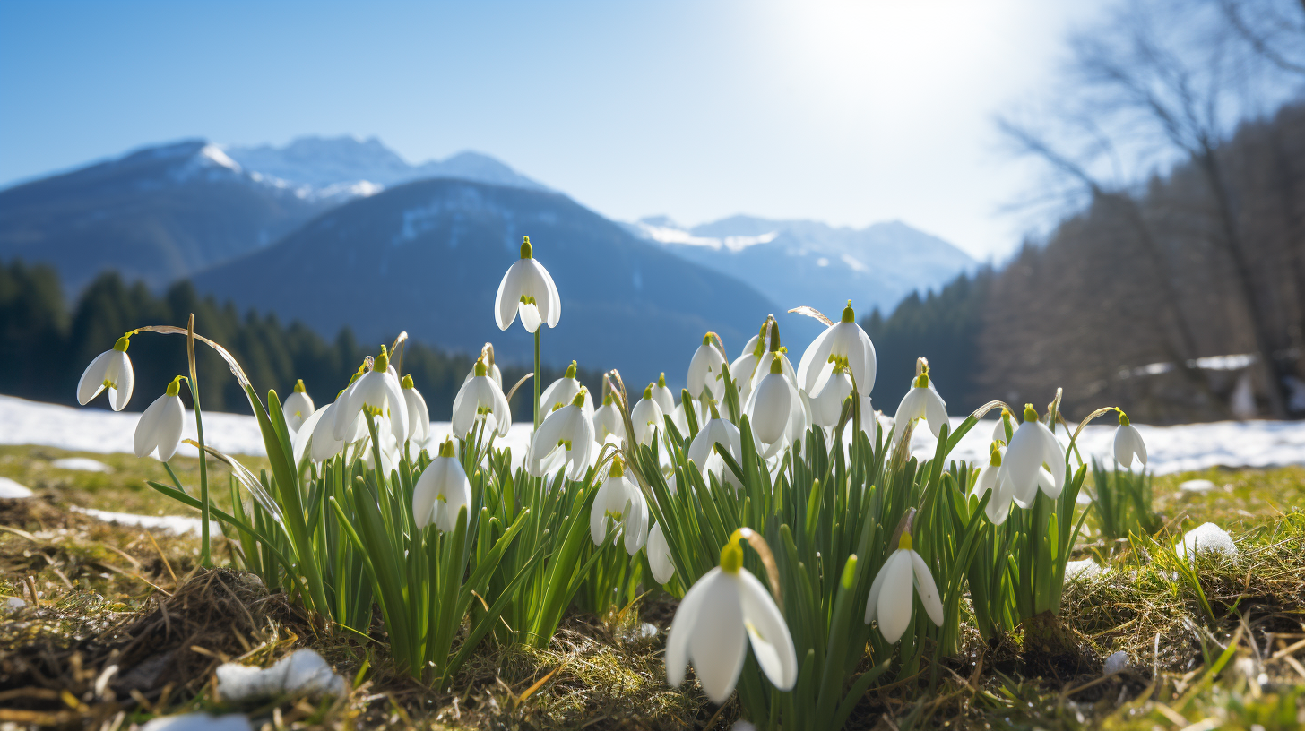 Beautiful Spring Snowdrops with Mountain Background