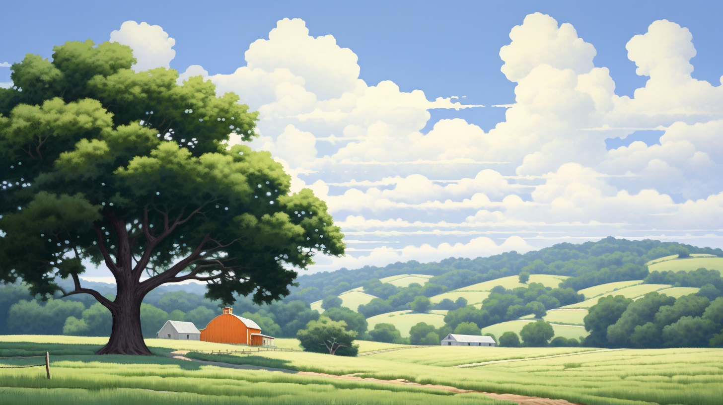 Peaceful summer farm landscape painting