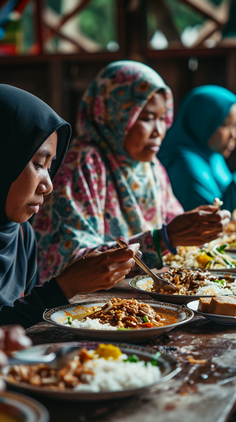 Sundanese women enjoying traditional Indonesian food