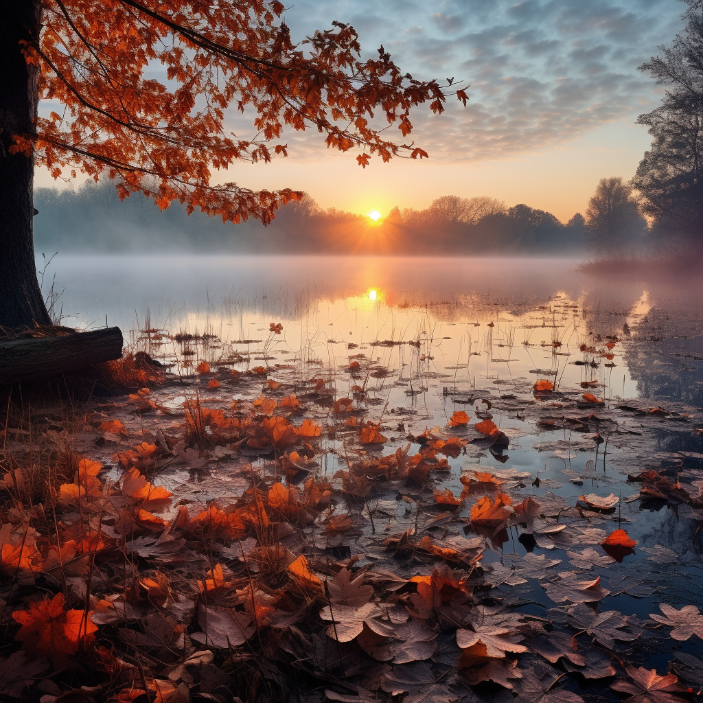 Scenic Sunrise with Fog and Fall Leaves