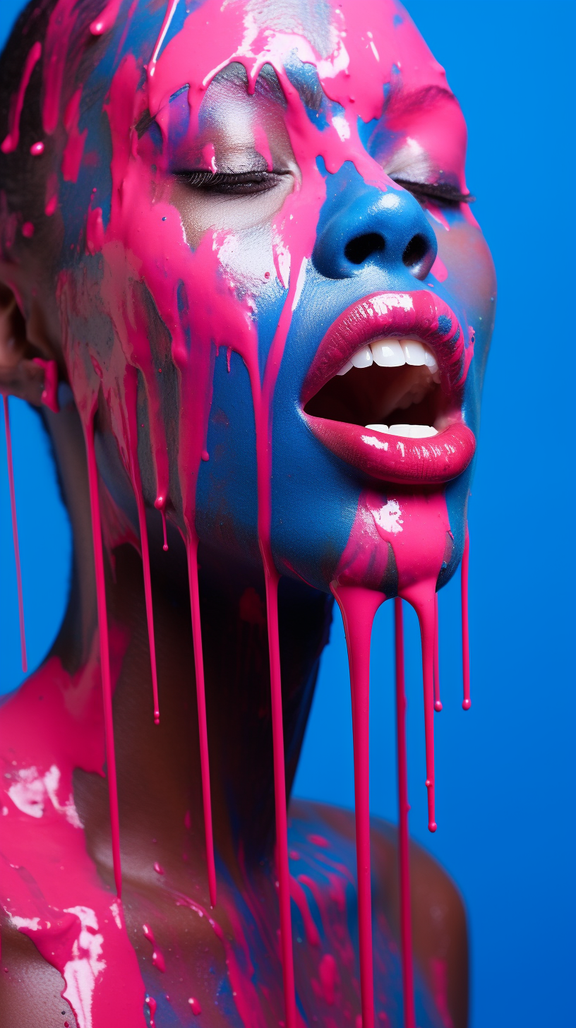 Portrait of a Beautiful Supermodel with Dripping Blue Paint