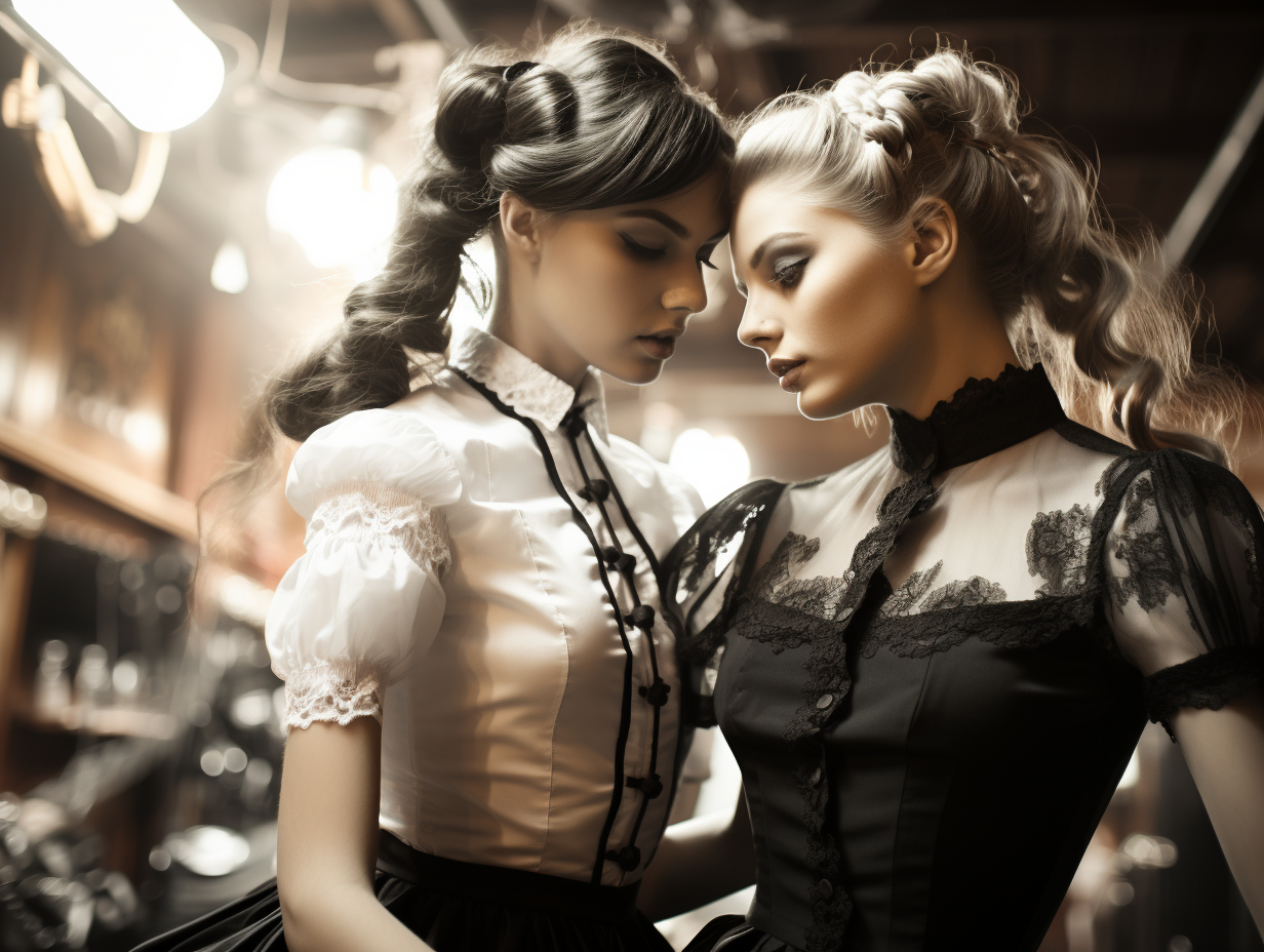 Swedish maids pulling hair in black and white