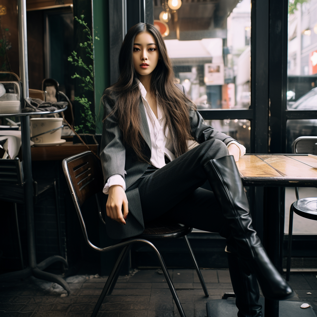 Young Japanese model wearing gloves, blazer, and leggings