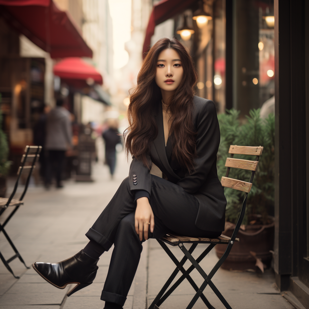 Fashionable Korean Celebrity sitting on the street