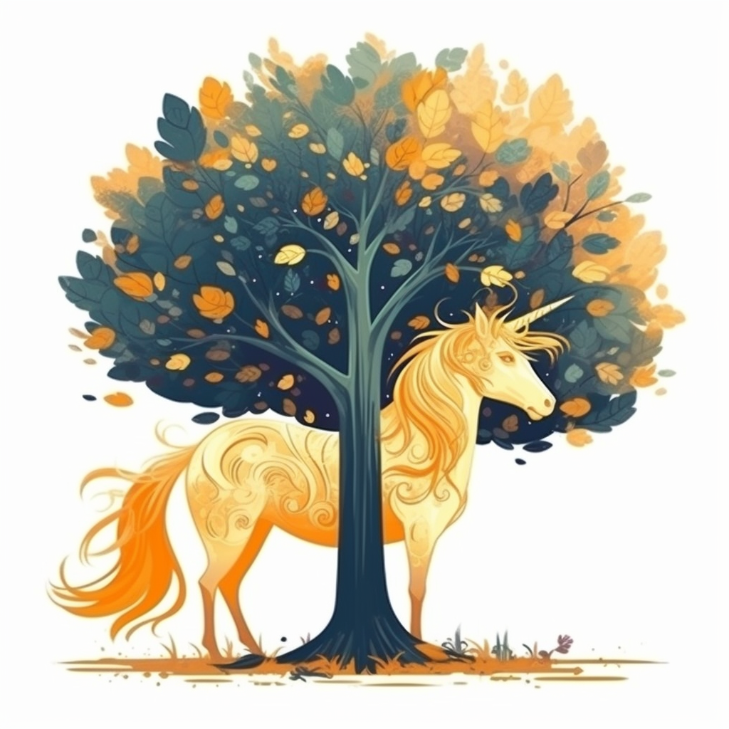 Beautiful tree with golden shiny unicorn