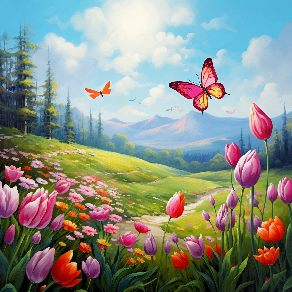 Spring day with tulips and butterflies