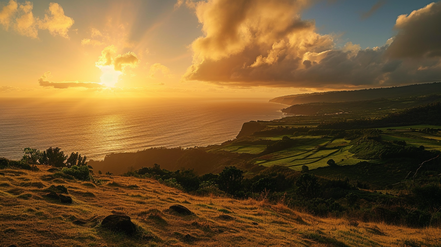 Hyperrealistic sunset view of Sao Miguel