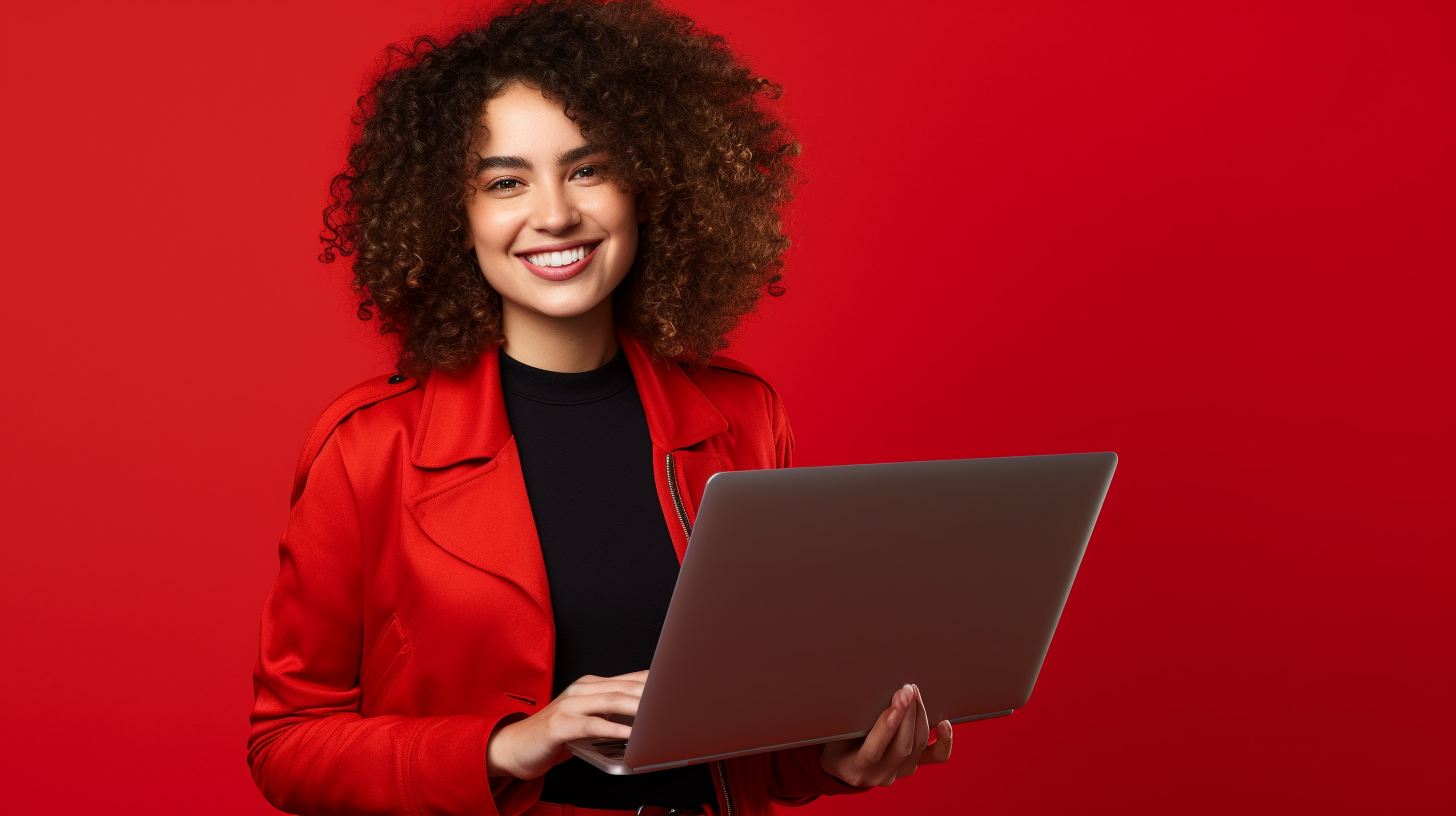 Smiling web developer Anya with laptop