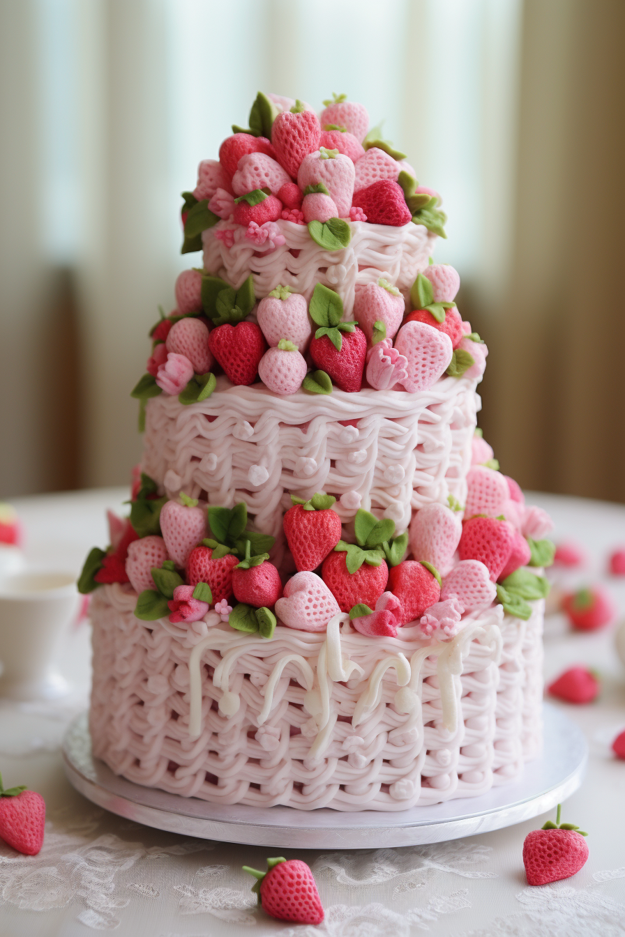 Yarn wedding cake with whipped cream and strawberries