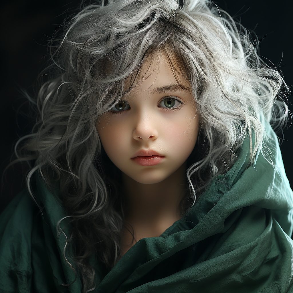 Child in green robe with white hair