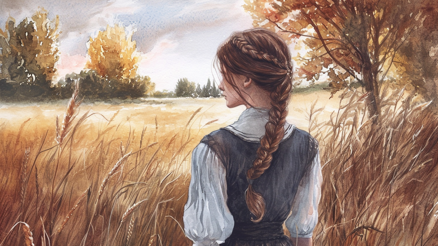 Beautiful woman with long braid in prairie setting