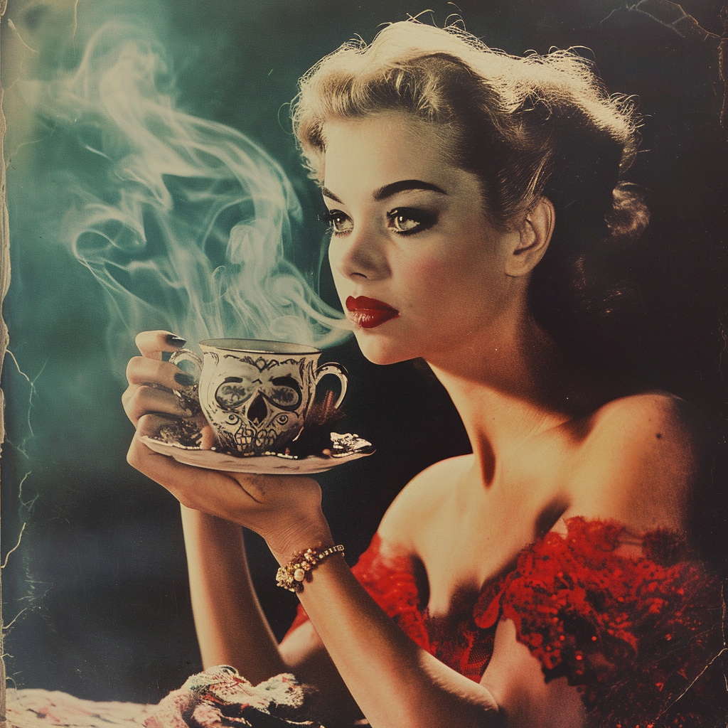 Color photograph of a beautiful witch with hot tea