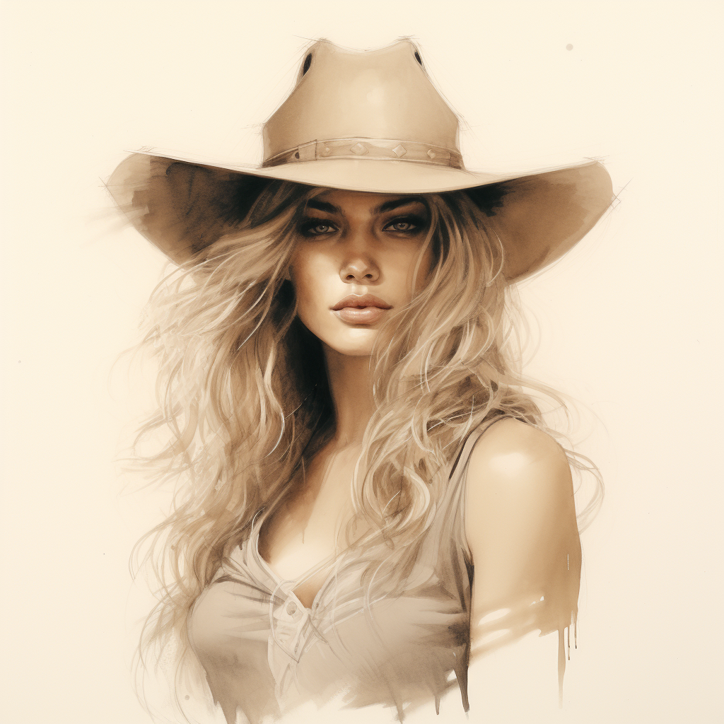 Stunning witch portrait with long hair and cowboy hat