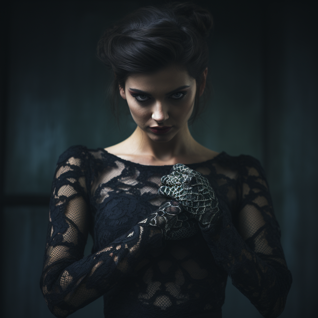 Stunning woman with black snake and detailed dress