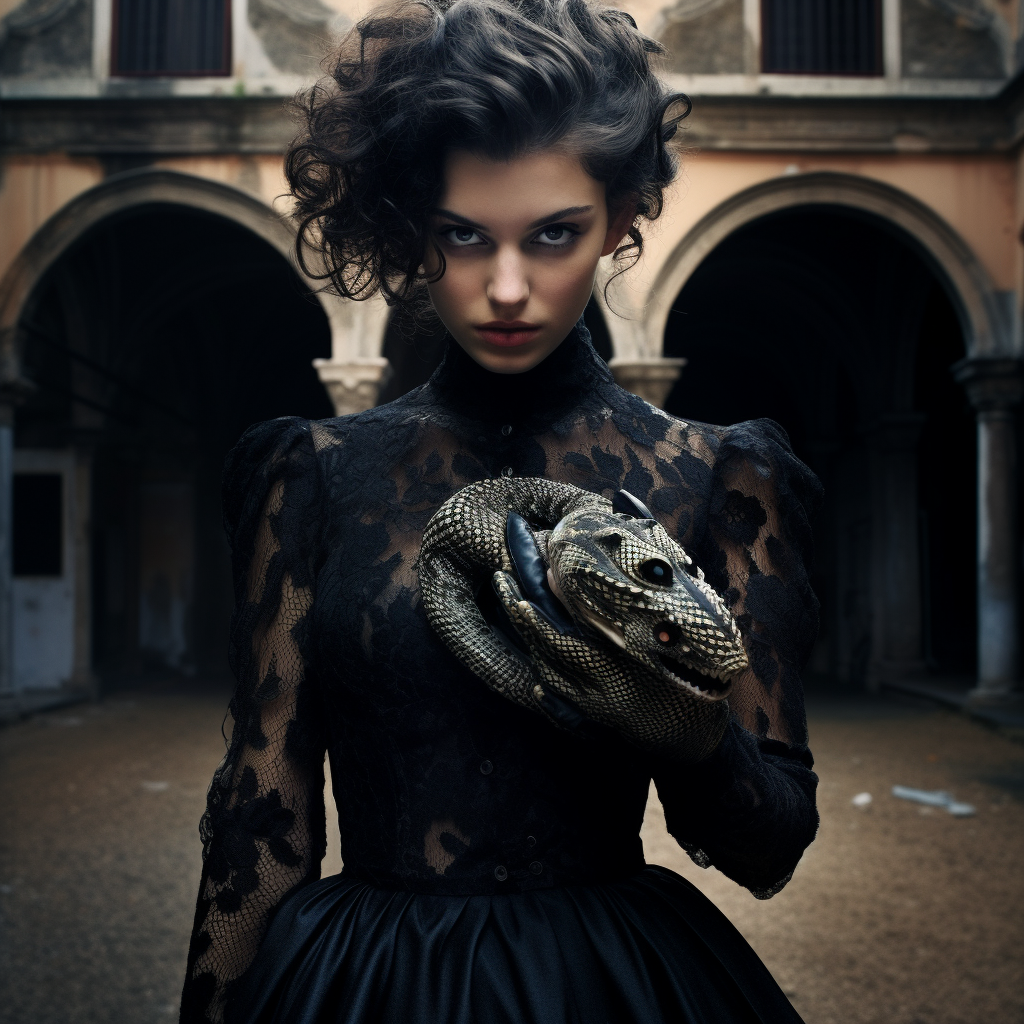 Woman holding black viper in unique dress