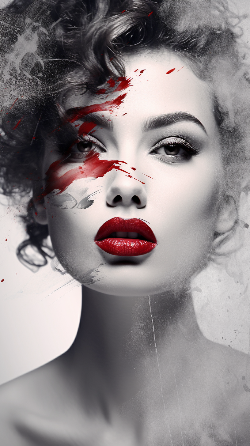 Beautiful woman with bold red lipstick in greyscale