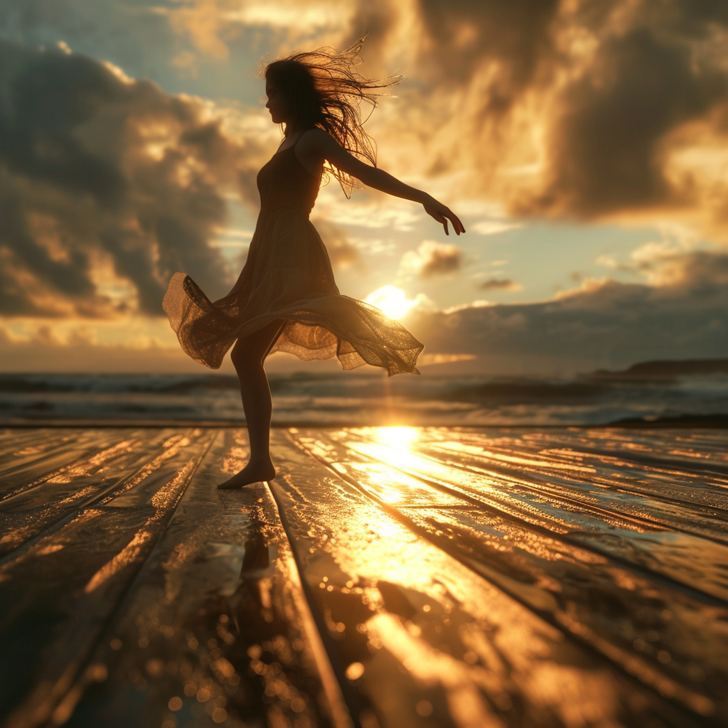 Joyful woman dancing on wooden dance floor