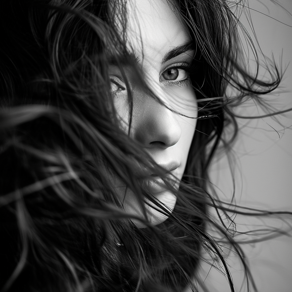 Beautiful woman with dark hair in black and white