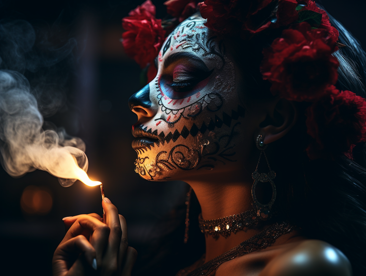 Woman with Dia de Muertos Makeup Smoking