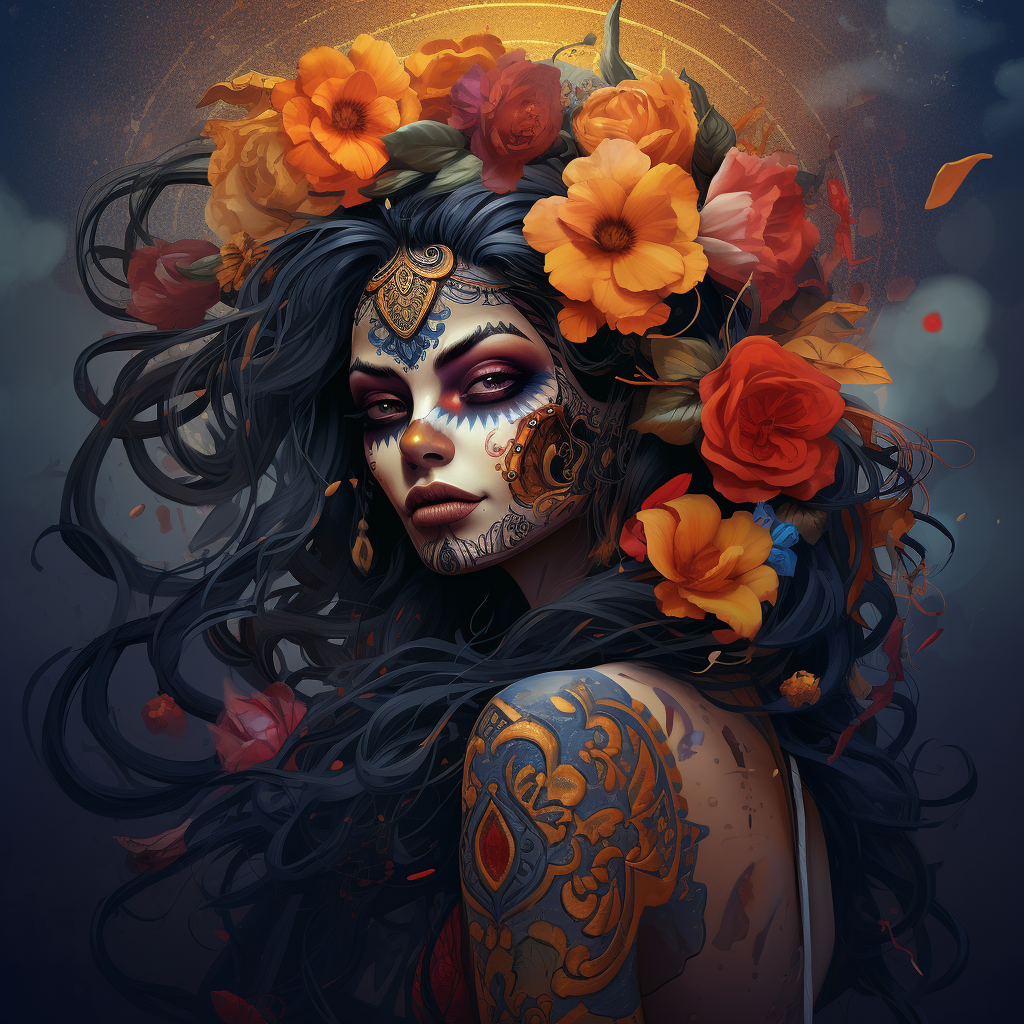 Dia de Los Muertos tattooed woman character