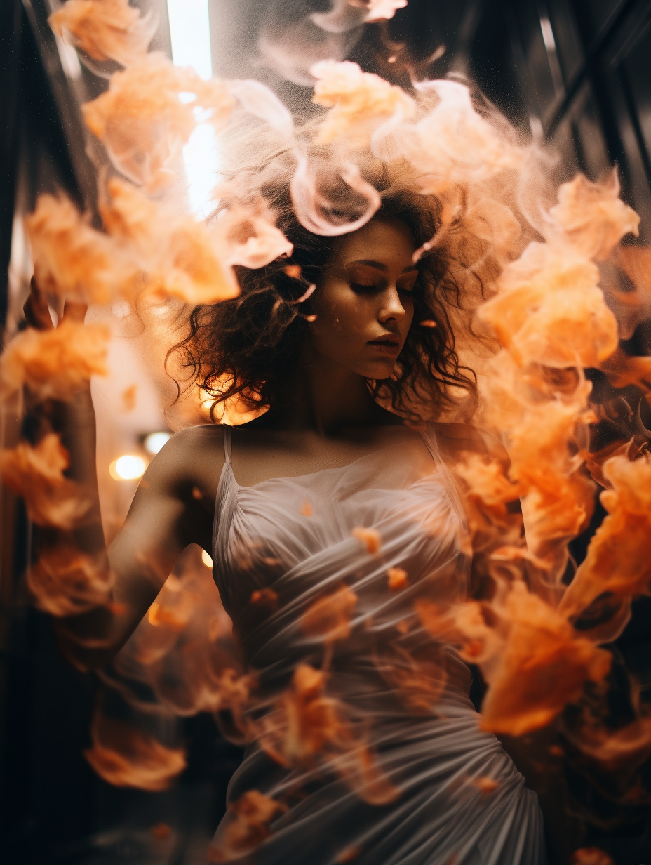 Stunning double exposure of a beautiful woman surrounded by swirling flowers and fire