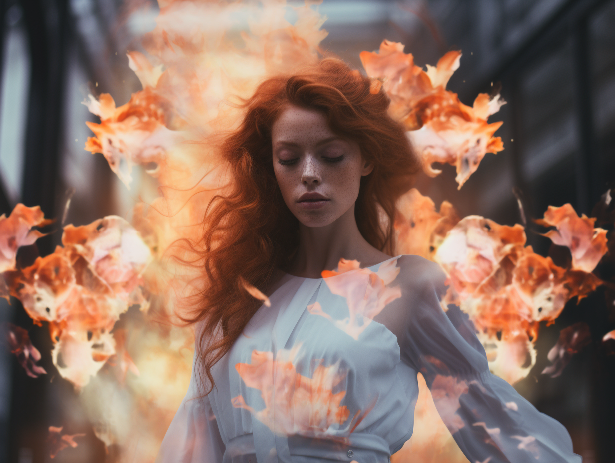 Stunning double exposure of woman with swirling flowers and fire