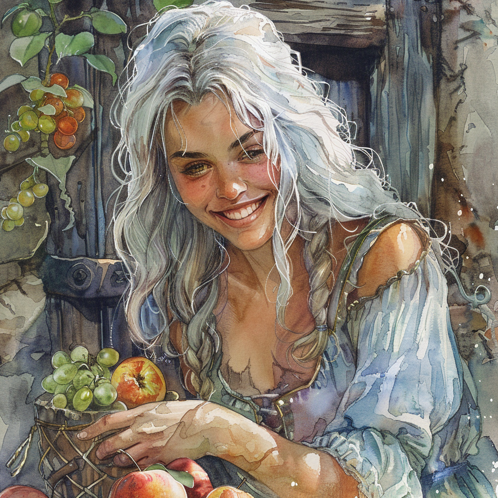 Beautiful woman with silver hair eating fruit