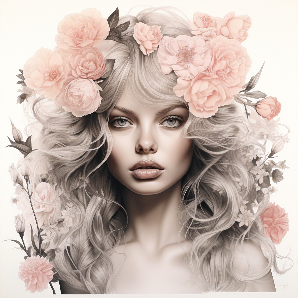 Hyper Realistic Drawing of Beautiful Woman with Flowers