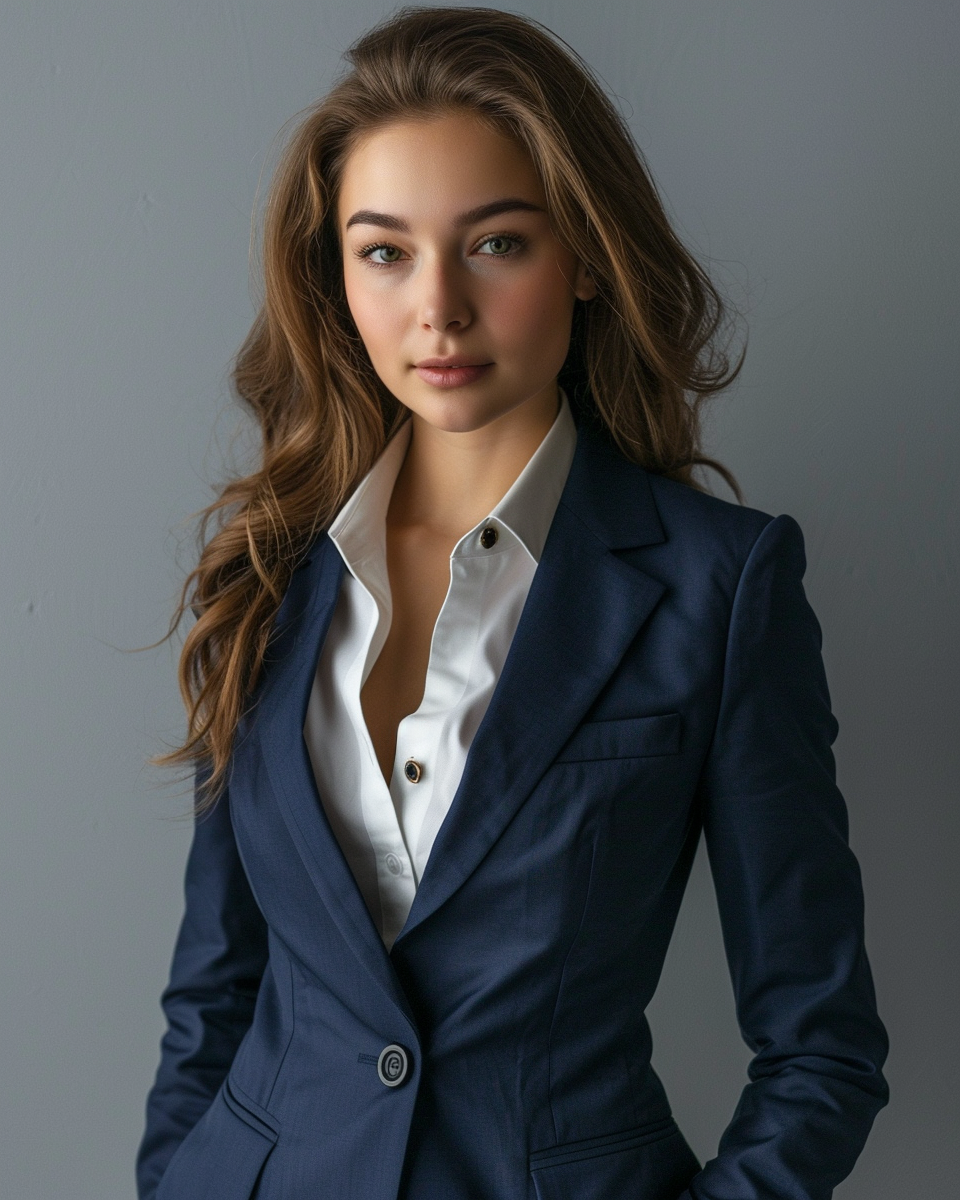 Fashionable woman in navy blue suit