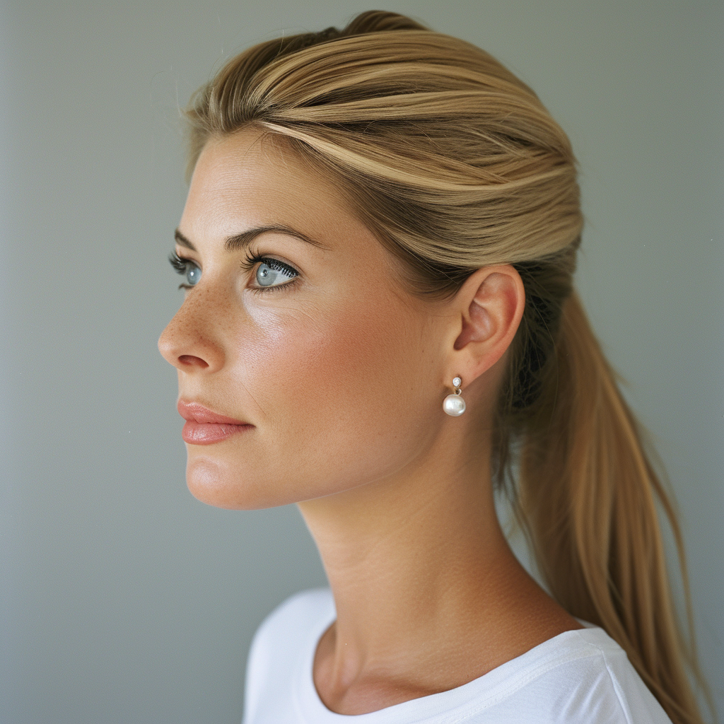 Beautiful woman with t-shirt and pearls