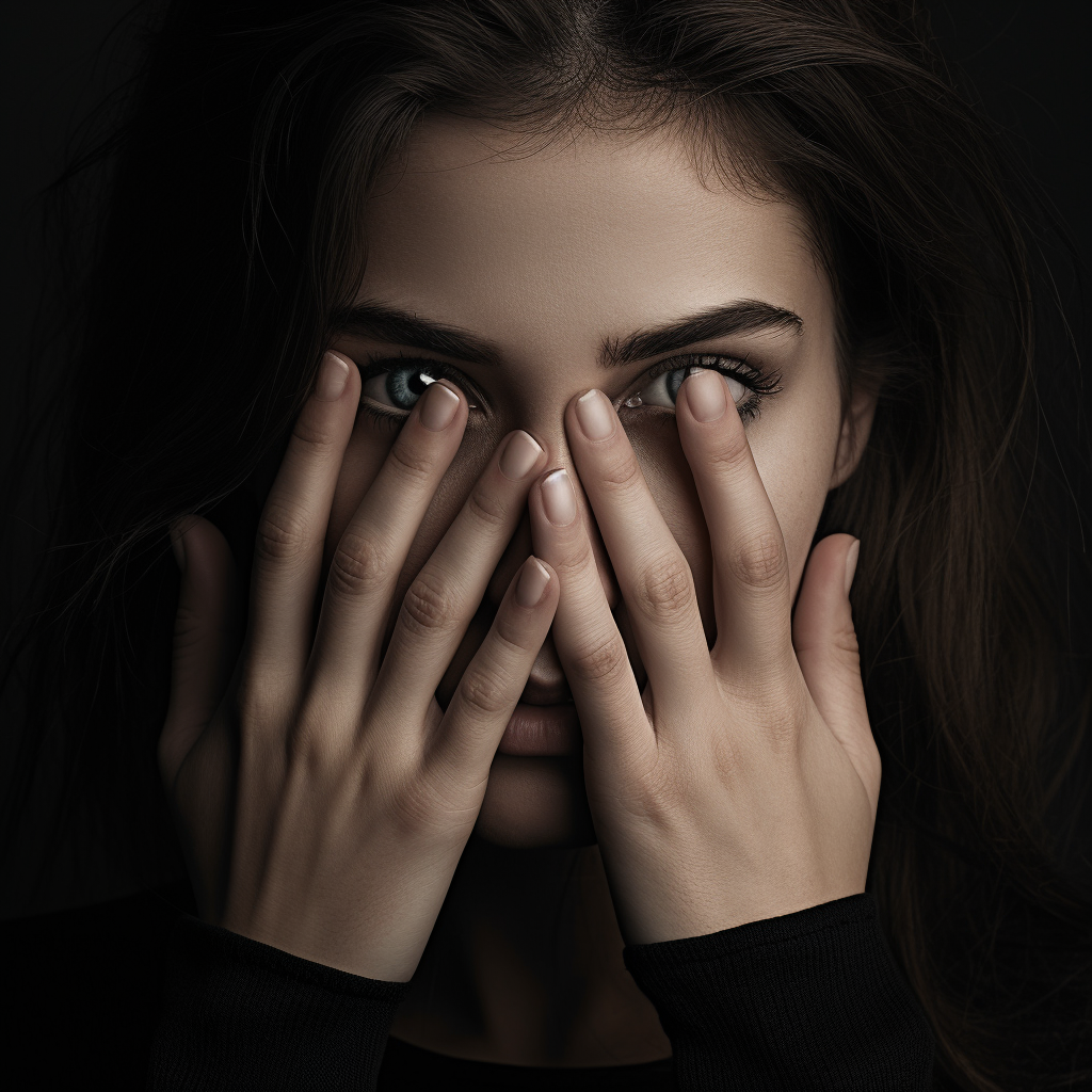 Woman gracefully concealing eye with hand