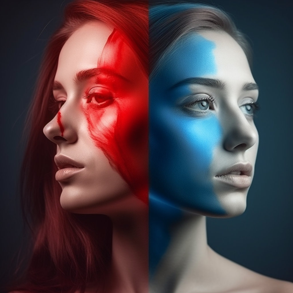 Beautiful woman in hyperrealism with red and blue