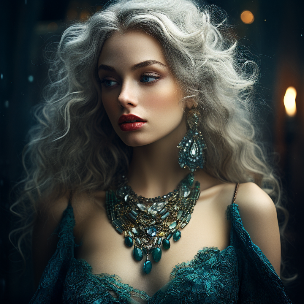 Stunning Woman with Ice Blue, Emerald Green, Ruby Red, and Shiny Gold