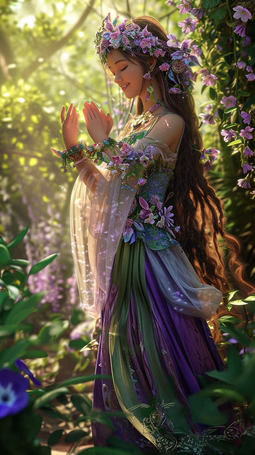 Happy woman surrounded by flowers