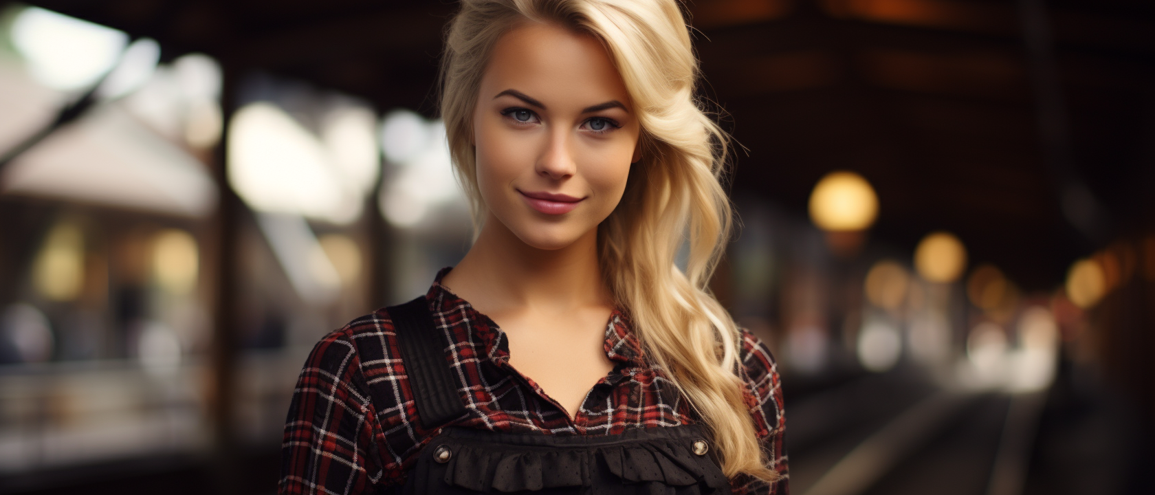 Blond woman in plaid dirndl dress