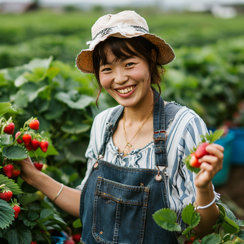 Smiling woman working on a strawberry farm