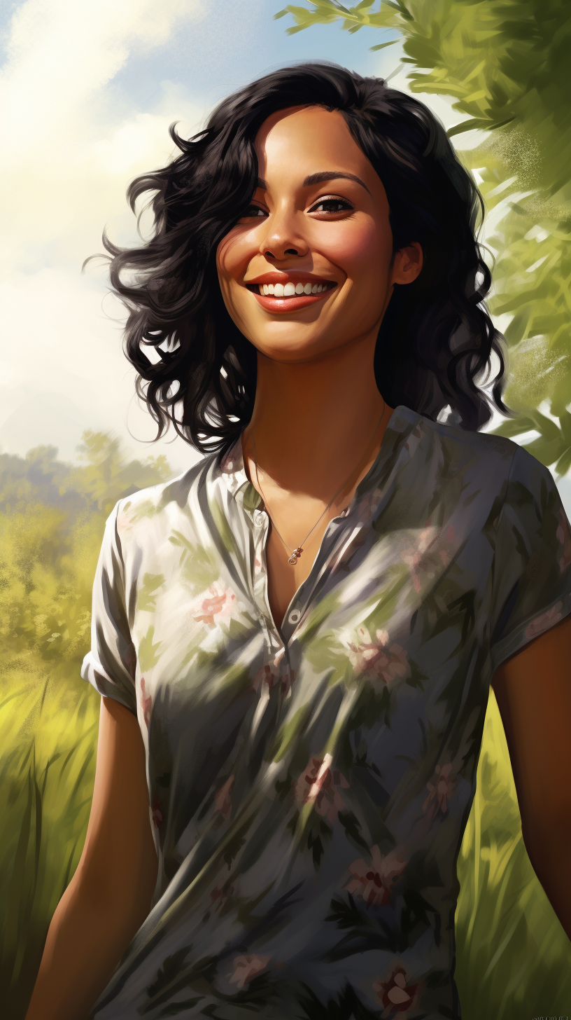 Smiling Hispanic Woman in Nature with Beautiful Hair