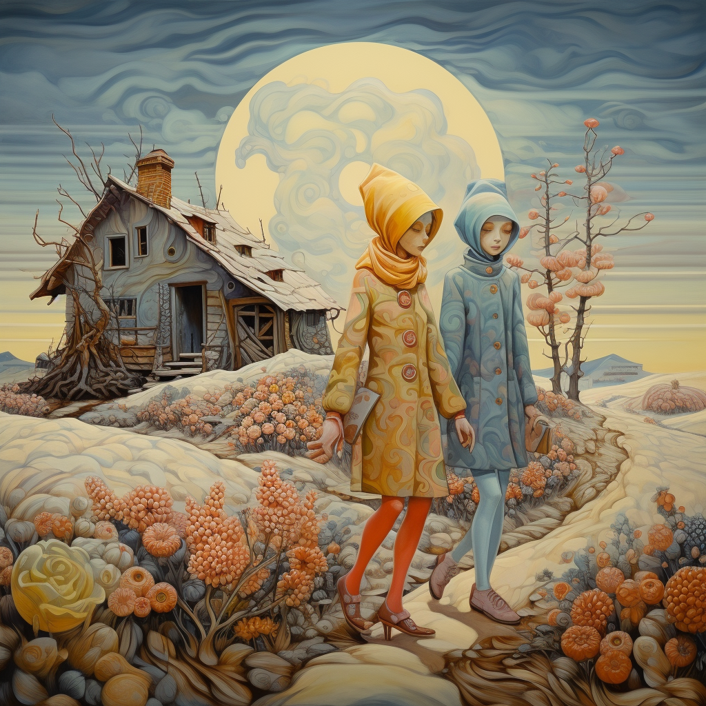 Detailed image of two beautiful 40-year-old women near a strange cottage